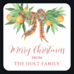 Waterverf Sinaasappels Plaid Bow Christmas Vierkante Sticker<br><div class="desc">PreppyPrint.com - Kerst vieren in stijl! Voeg uw persoonlijke aanraking aan deze stickers toe. Breng dit ontwerp ook over op de producten van uw keuze! Ga naar mijn ontwerperwinkel,  PreppyPrint.com,  voor het coördineren van items.</div>