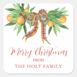 Waterverf Sinaasappels Plaid Bow Christmas Vierkante Sticker