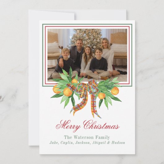 Waterverf Sinaasappels Plaid Bow Garland Foto Feestdagenkaart (Voorkant)