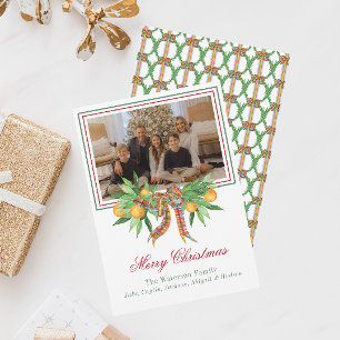 Waterverf Sinaasappels Plaid Bow Garland Foto Feestdagenkaart