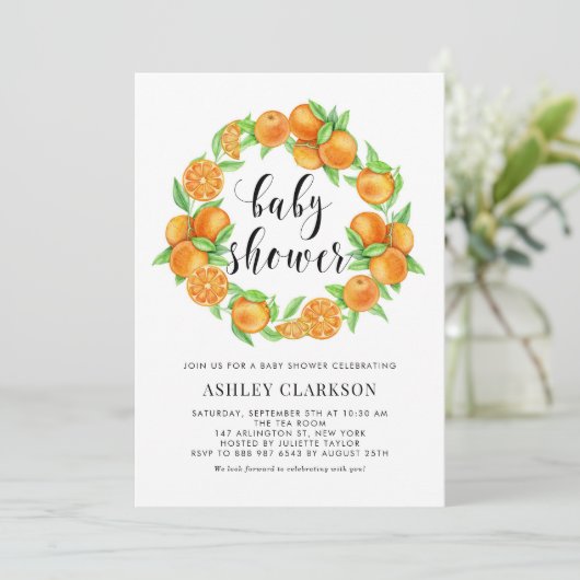 Waterverf Sinaasappels Wreath Summer Baby shower Kaart (Staand voorkant)