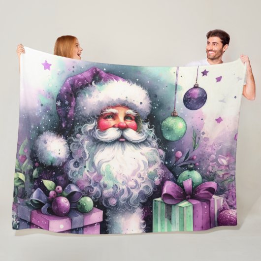 Waterverf Sinterklaas Paarse Groene Cadeaus Fleece Deken (In situ)