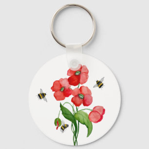 Waterverf sjalot papavers en schattige hommels sleutelhanger