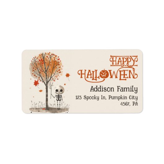 Waterverf Skelet Happy Halloween Schattige adres Etiket (Voorkant)