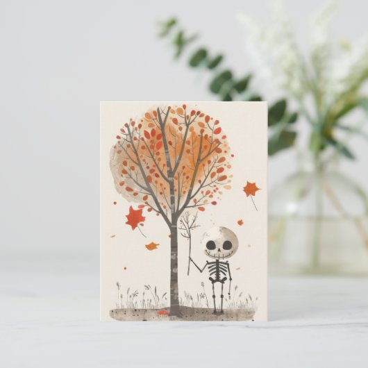 Waterverf Skelet met Herfst Tree Schattige Hallowe Briefkaart (Staand voorkant)