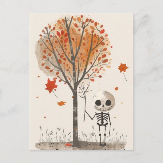 Waterverf Skelet met Herfst Tree Schattige Hallowe Briefkaart (Voorkant)