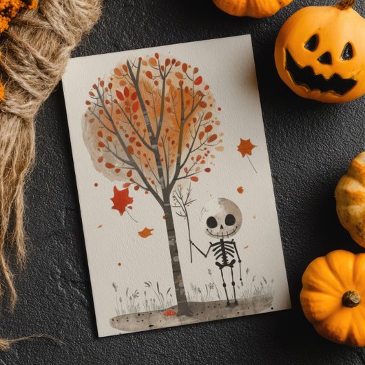 Waterverf Skelet met Herfst Tree Schattige Hallowe Briefkaart