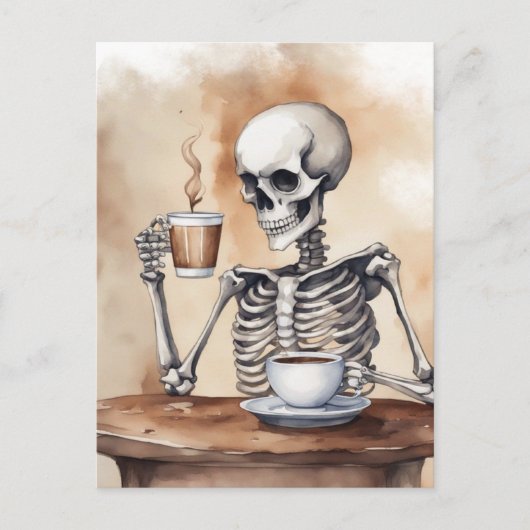 Waterverf Skeleton Genieten Koffie Briefkaart (Voorkant)