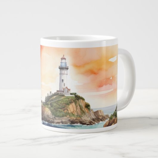 Waterverf Sketch Byron Bay Vuurtoren Monogram | Grote Koffiekop (Voorkant rechts)