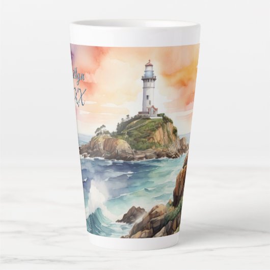 Waterverf Sketch Byron Bay Vuurtoren Monogram | Latte Mok (Voorkant)