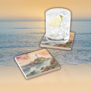 Waterverf Sketch Byron Bay Vuurtoren Monogram   Stenen Onderzetter