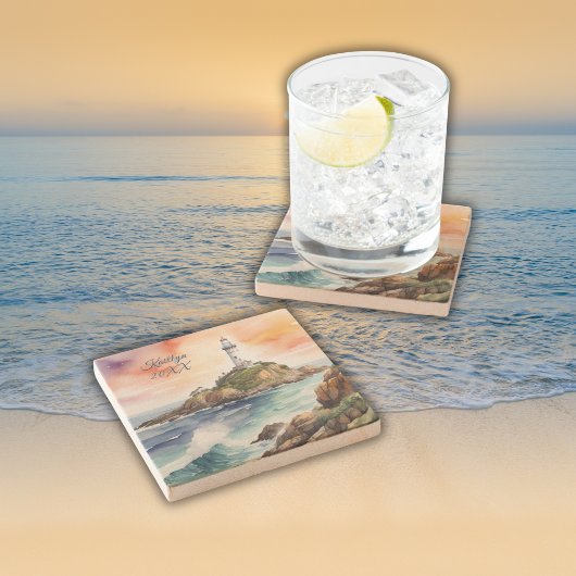 Waterverf Sketch Byron Bay Vuurtoren Monogram | Stenen Onderzetter