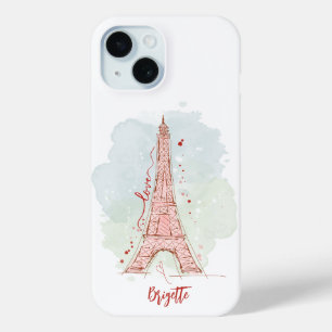 Waterverf Sketchy Doodle Eiffeltoren Monogrammed iPhone 15 Case