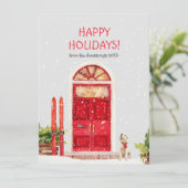 Waterverf Ski Dog Red Door Scene Feestdagenkaart (Staand voorkant)