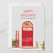 Waterverf Ski Dog Red Door Scene Feestdagenkaart (Voorkant)
