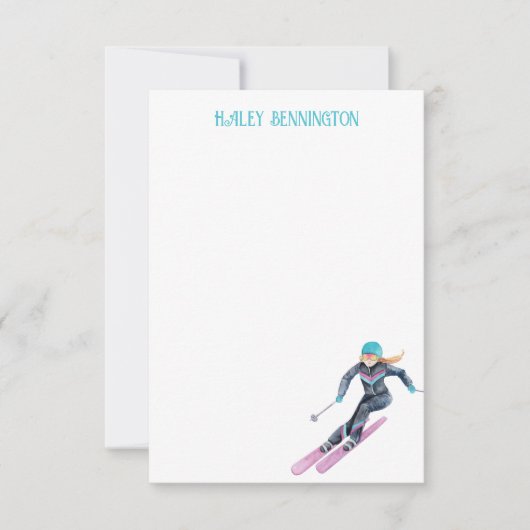 Waterverf skiën gepersonaliseerd bedankkaart (Voorkant)