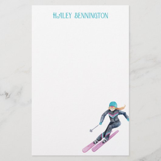 Waterverf skiën gepersonaliseerd briefpapier (Voorkant)