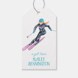 Waterverf skiën gepersonaliseerd cadeaulabel