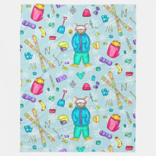 Waterverf Skiën Pika met uitrusting op Blue Snow Fleece Deken (Voorkant)