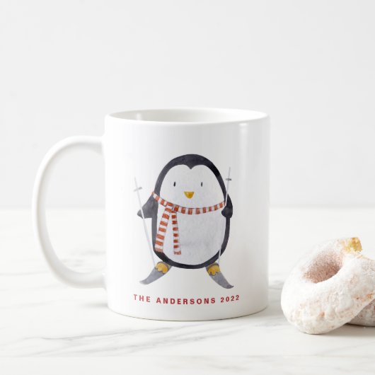 Waterverf Skiing Penguin Personalized Holiday Koffiemok (Met donut)