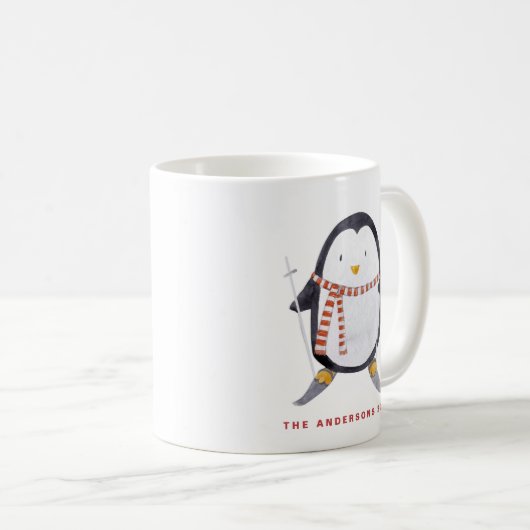 Waterverf Skiing Penguin Personalized Holiday Koffiemok (Voorkant rechts)