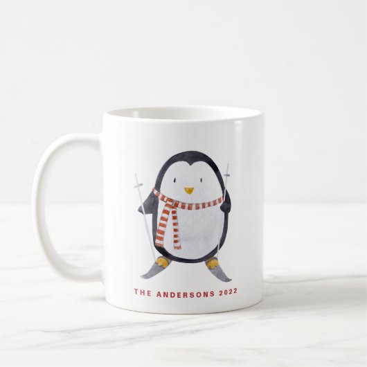 Waterverf Skiing Penguin Personalized Holiday Koffiemok (Links)