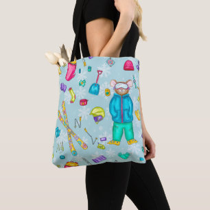 Waterverf Skiing Pika Illustratie op Blauw Tote Bag