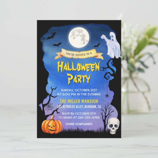 Waterverf Skull Pumpkin Spooky Halloween Party Kaart (Staand voorkant)