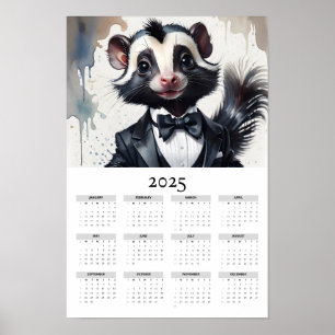 Waterverf Skunk Tuxedo Bow Stropdas 2025 Wandkalen Poster