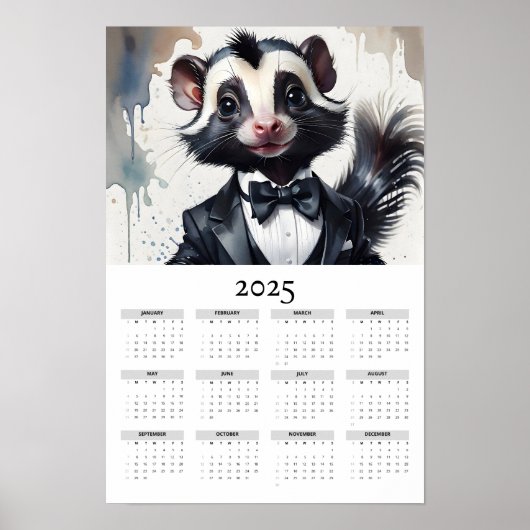 Waterverf Skunk Tuxedo Bow Stropdas 2025 Wandkalen Poster (Voorkant)