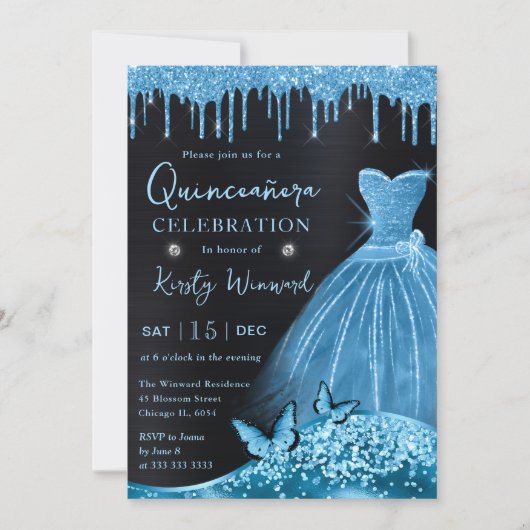 Waterverf Sky Blue Glitter Dress Quinceanera Kaart (Voorkant)