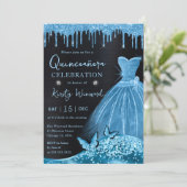 Waterverf Sky Blue Glitter Dress Quinceanera Kaart (Staand voorkant)