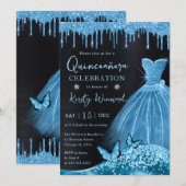 Waterverf Sky Blue Glitter Dress Quinceanera Kaart (Voorkant / Achterkant)