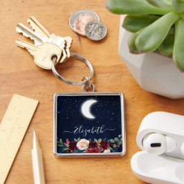 Waterverf Sky Celestial Moon Stars Floral Sleutelhanger