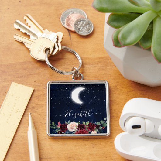 Waterverf Sky Celestial Moon Stars Floral Sleutelhanger (Bureau)