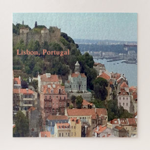 Waterverf Skyline van Lissabon Jigzaag Puzzle Legpuzzel