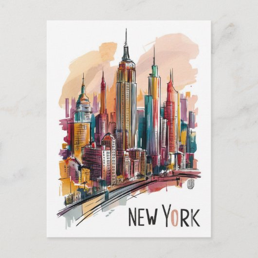 Waterverf skyline van New York City Briefkaart (Voorkant)