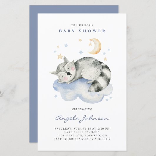 Waterverf Slaapend Raccoon Baby shower Uitnodiging (Voorkant / Achterkant)