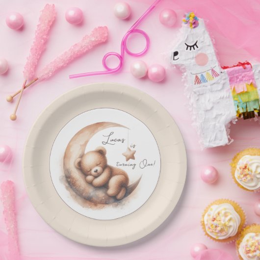 Waterverf Slapen Bruin Beer op de Maan Papieren Bordje (Feest)