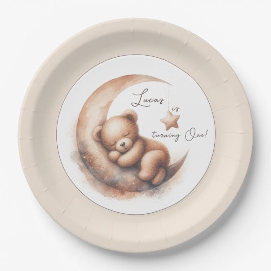 Waterverf Slapen Bruin Beer op de Maan Papieren Bordje (Voorkant)