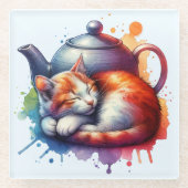 Waterverf Slapen Kat Theepot Glazen Onderzetter (Voorkant)