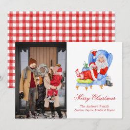 Waterverf Slapen Santa Gingham Kerstmis Foto Feestdagenkaart