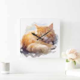  WATERVERF SLAPENDE ORANJE TABBY CAT VIERKANTE KLOK