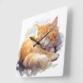  WATERVERF SLAPENDE ORANJE TABBY CAT VIERKANTE KLOK (Hoek)
