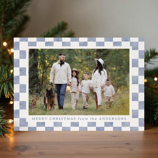Waterverf Slate Blue Gingham Kerstfoto Feestdagenkaart