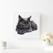 WATERVERF SLEEPING FLUFFY BLACK CAT VIERKANTE KLOK (Huis)