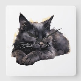  WATERVERF SLEEPING FLUFFY BLACK CAT VIERKANTE KLOK