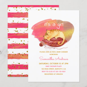 Waterverf Sleepy Kitten Het is een meisje Baby sho Kaart