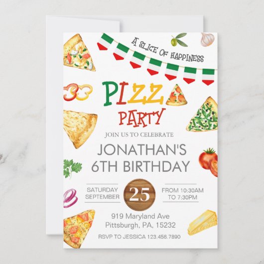 Waterverf Slice Kinder Pizza Party Verjaardag Invi Kaart (Voorkant)