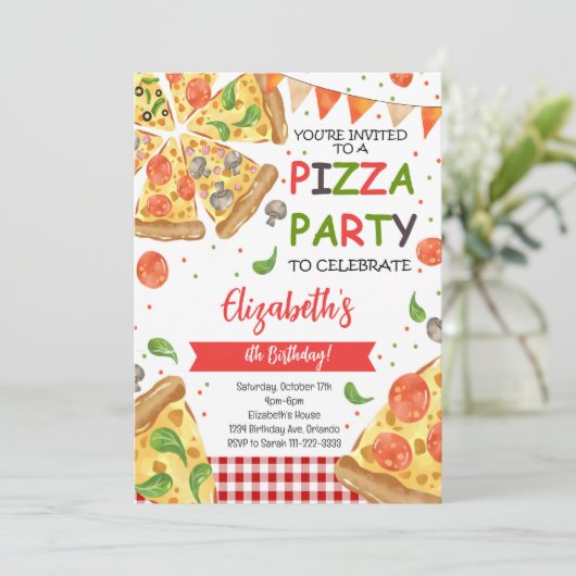 Waterverf Slice Pizza Verjaardagsfeestuitnodiging Kaart (Staand voorkant)